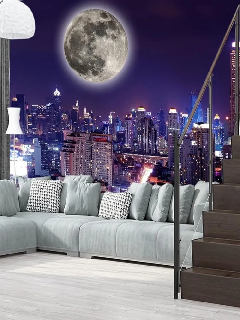 City Night View the Moon Nursery Room Fabric Wallpaper